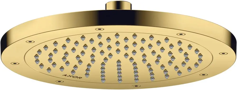 Kopfbrause in Polished Gold Optik mit gleichmäßiger Wasserverteilung, ausgestattet mit Duschdüsen. Hersteller: AXOR.